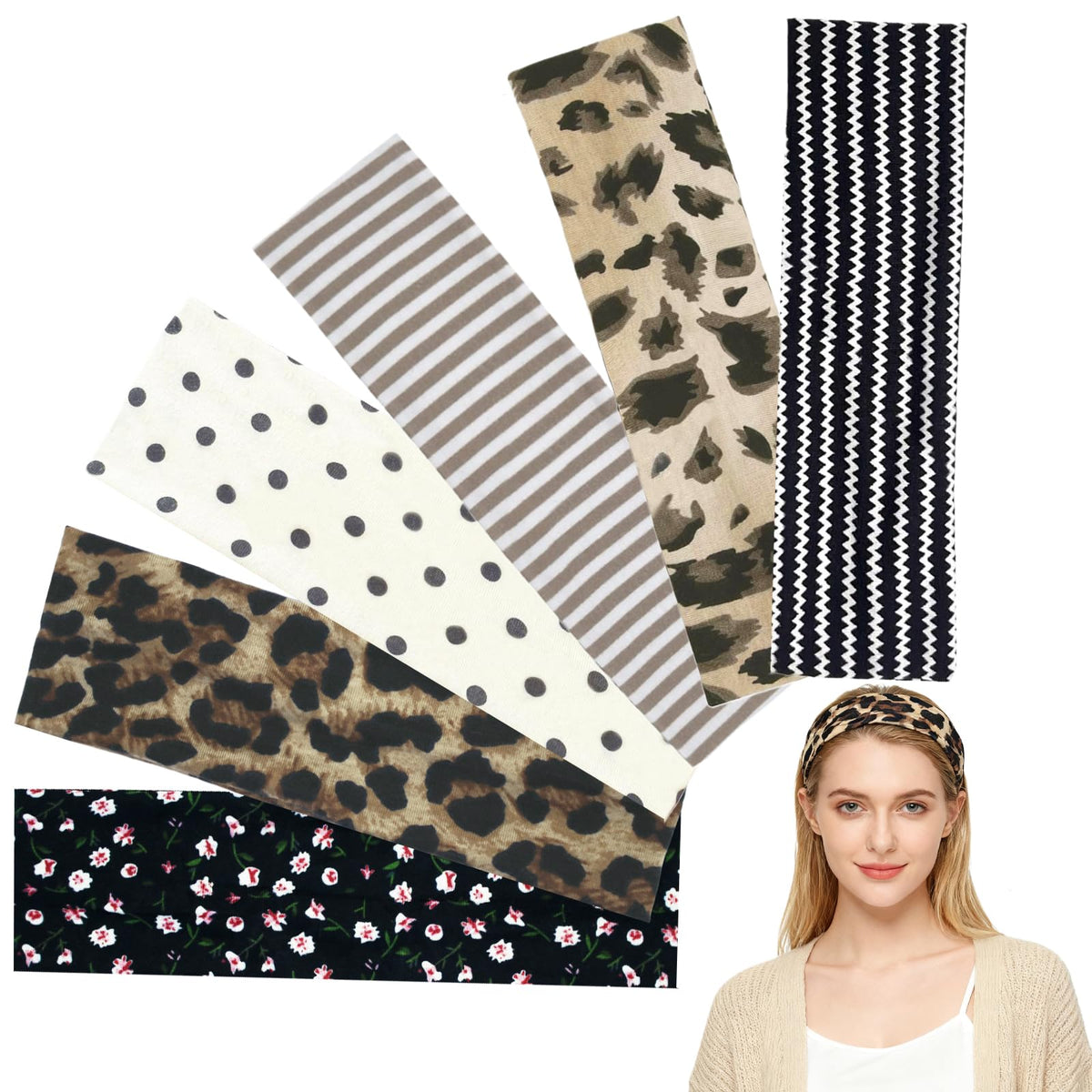 LAPOHI headbands front view showing six-pattern set and organized packaging benefits style variety