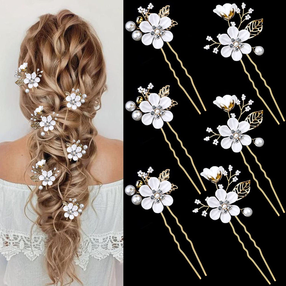 LAPOHI front view of six hair pins showing gold finish and white flowers for elegant styling