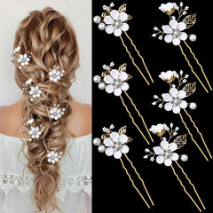 LAPOHI front view of six hair pins showing gold finish and white flowers for elegant styling