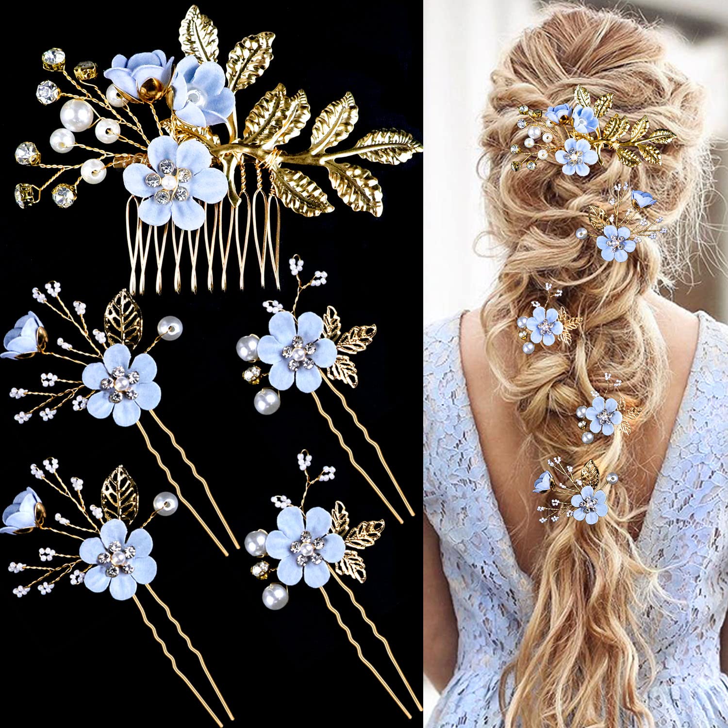 LAPOHI front view of five-piece bridal hair pin set, elegant accessory