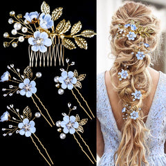LAPOHI front view of five-piece bridal hair pin set, elegant accessory