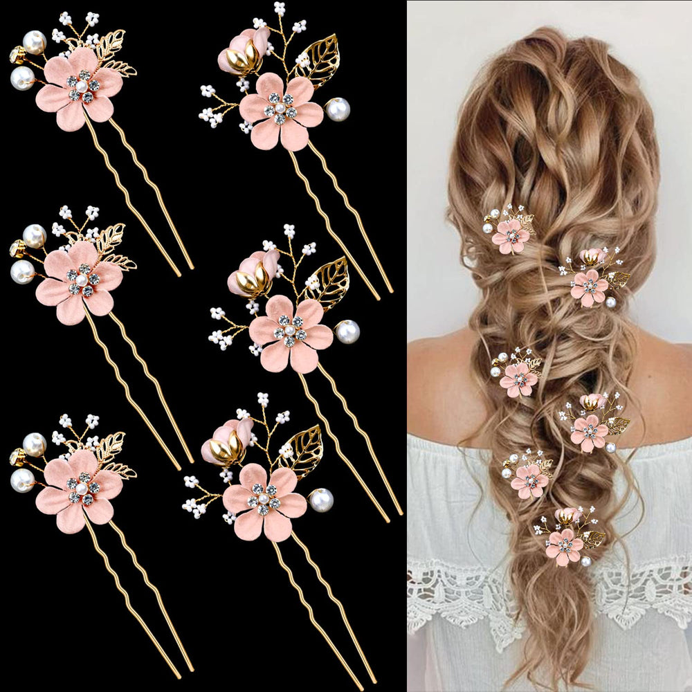 LAPOHI front view of six cherry blossom hair pins showing gold finish and sparkle