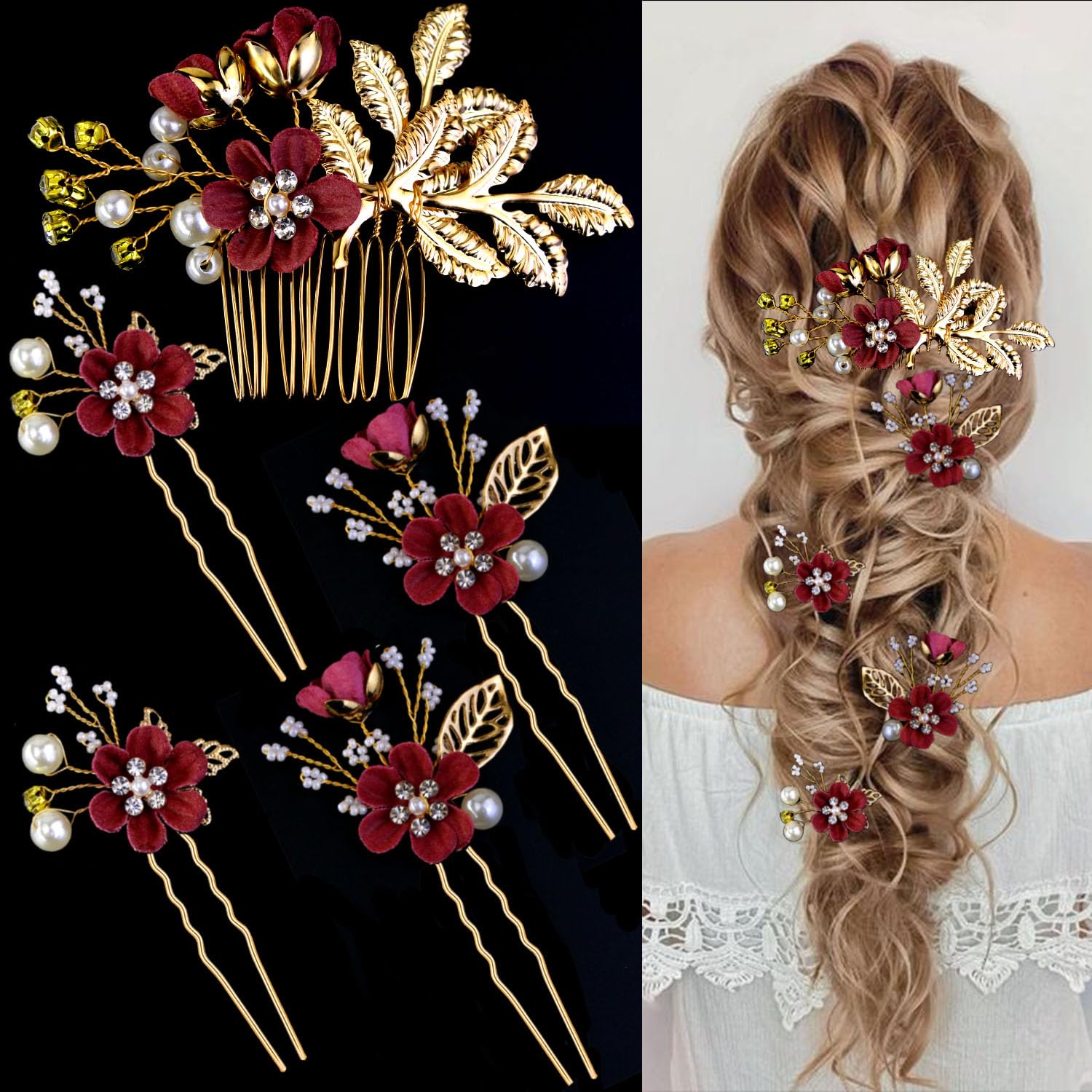 LAPOHI front view of five-piece gold and burgundy hair set, elegant presentation