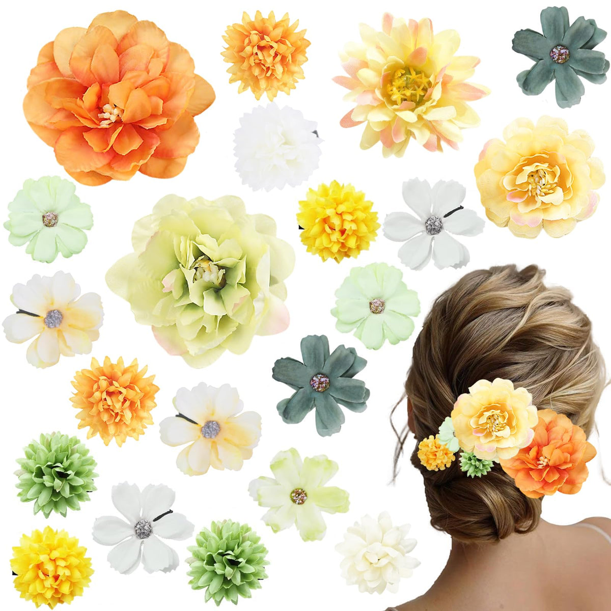 LAPOHI front view of green and yellow flower clip assortment showing variety and vibrant colors
