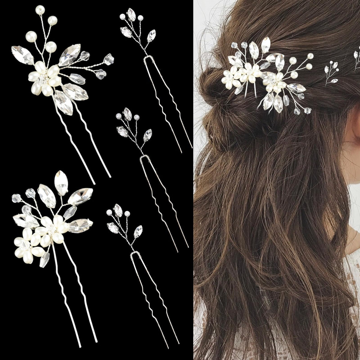 LAPOHI front view of five silver pearl rhinestone hair pins showing elegant design and storage