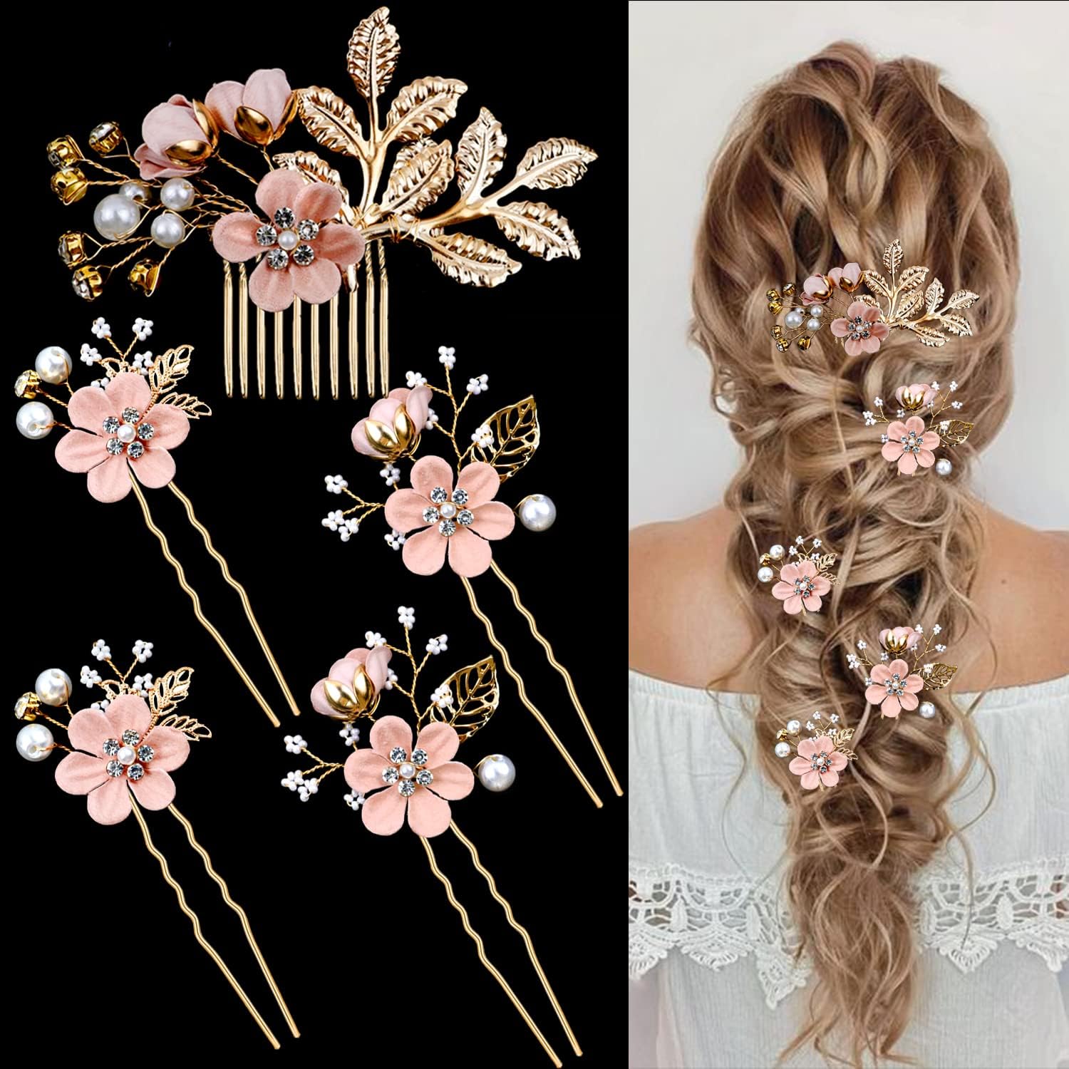LAPOHI front view of five-piece hair pins set showing gold and pink design benefits styling