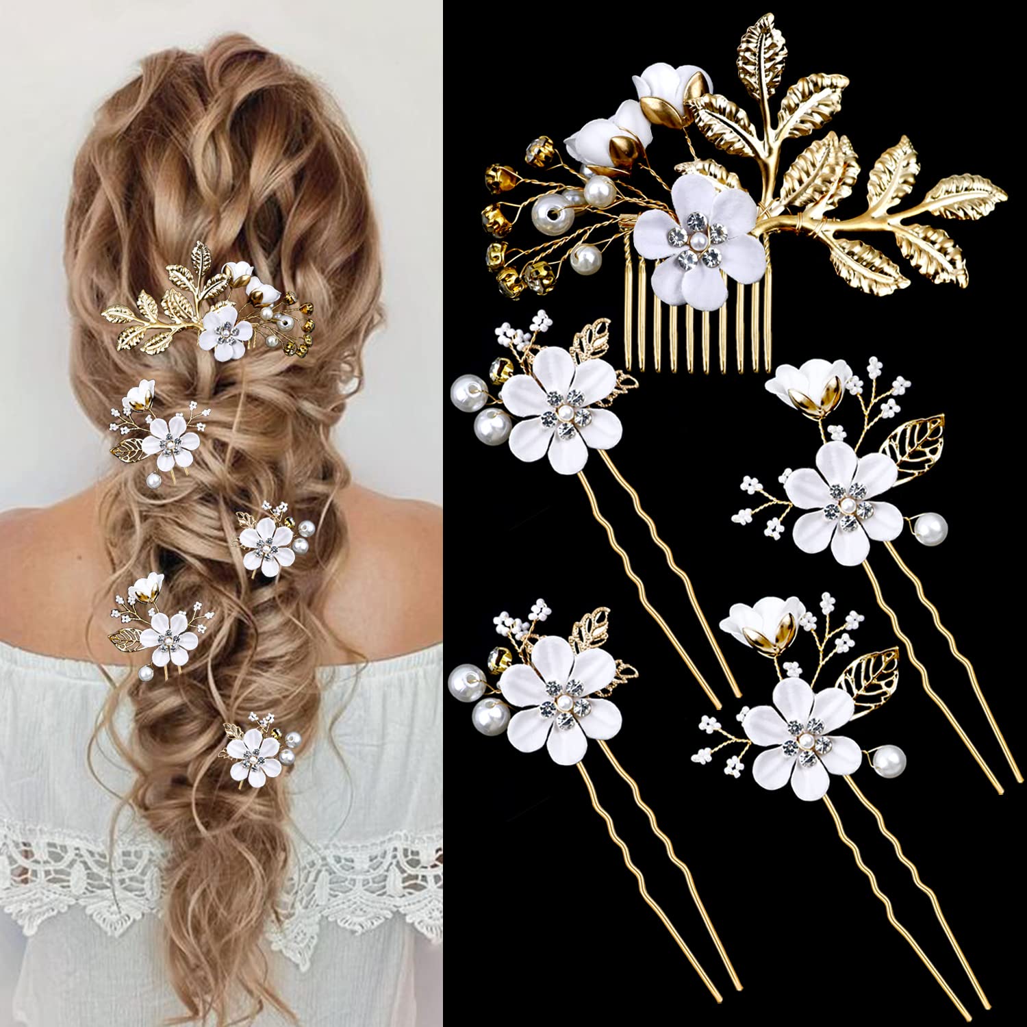 LAPOHI front view of five hair pins showing floral design and gold finish, adds bridal sparkle