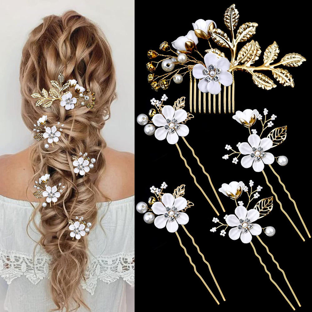 LAPOHI front view of five hair pins showing floral design and gold finish, adds bridal sparkle