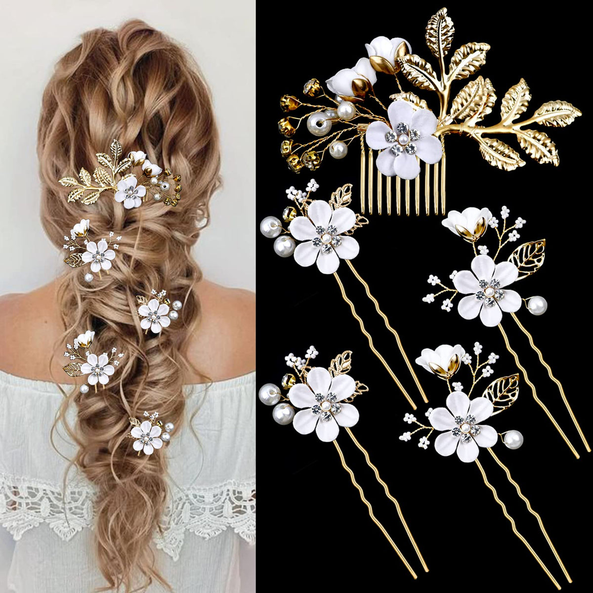 LAPOHI front view of five hair pins showing floral design and gold finish, adds bridal sparkle