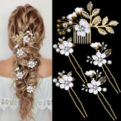LAPOHI front view of five hair pins showing floral design and gold finish, adds bridal sparkle