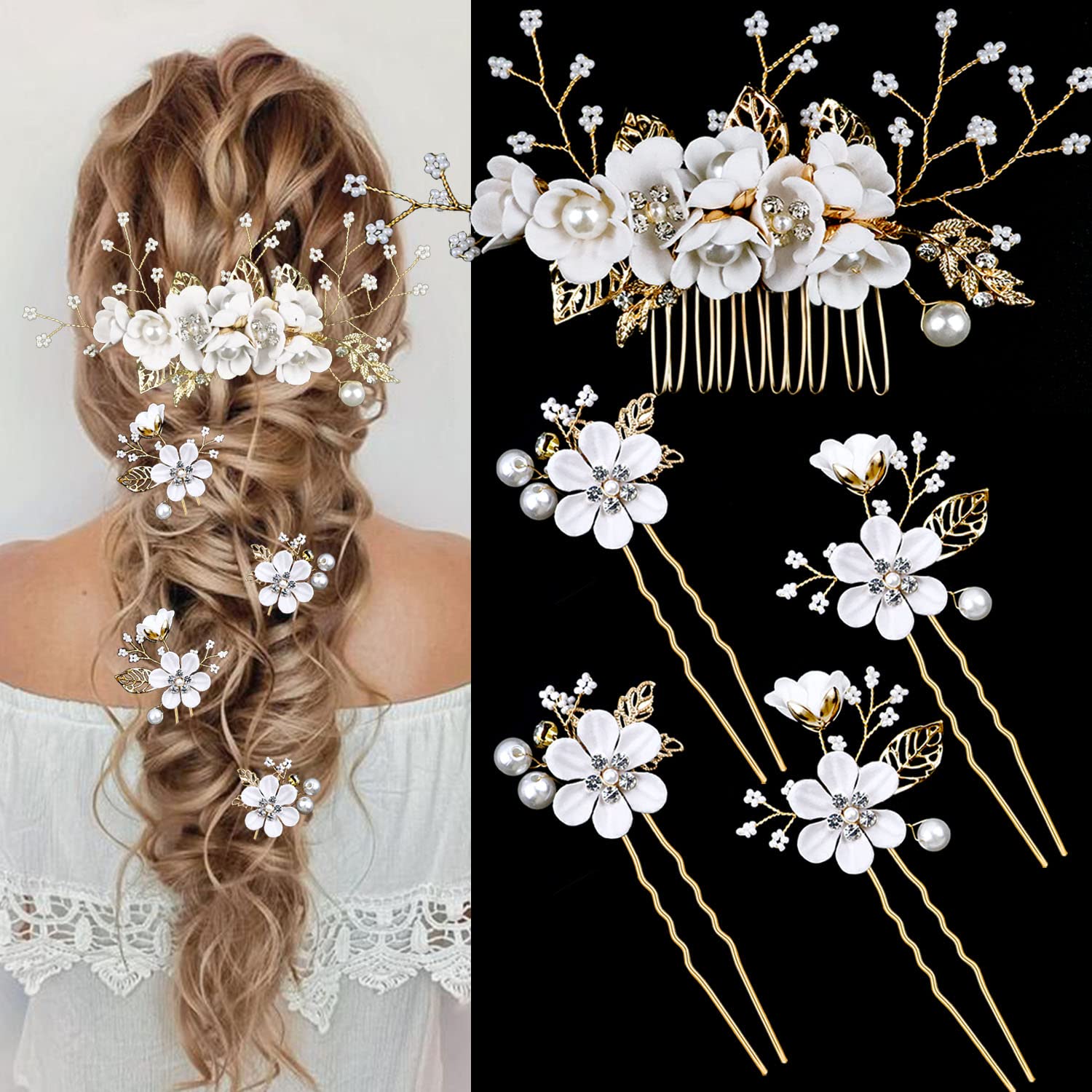 LAPOHI front view of five-piece white floral bridal hair pins set showing design and finish, elegant addition