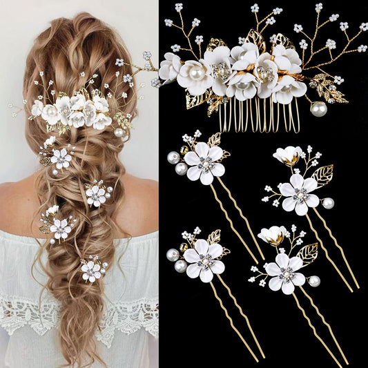 LAPOHI front view of five-piece white floral bridal hair pins set showing design and finish, elegant addition