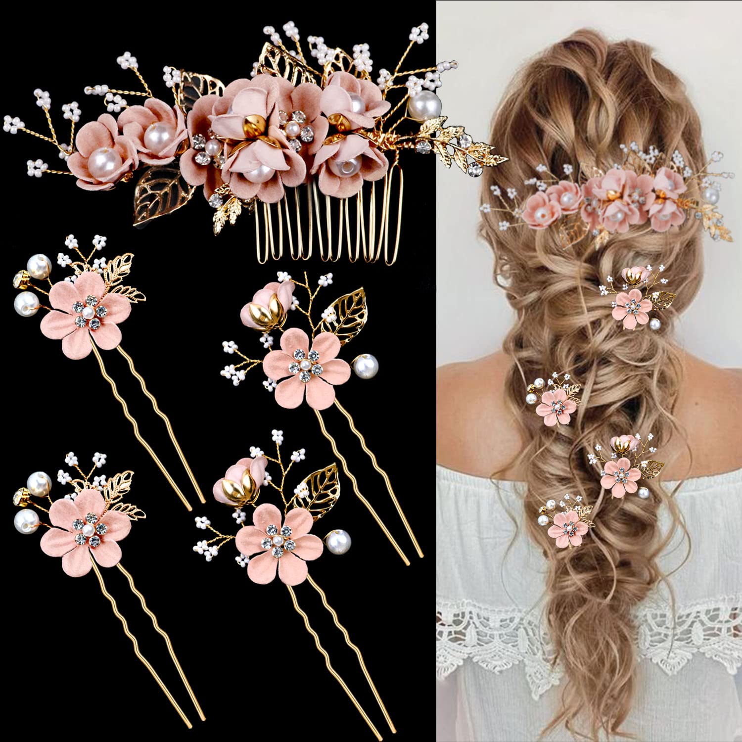 LAPOHI front view of five-piece pink bridal hair set showing floral design and shimmer benefits