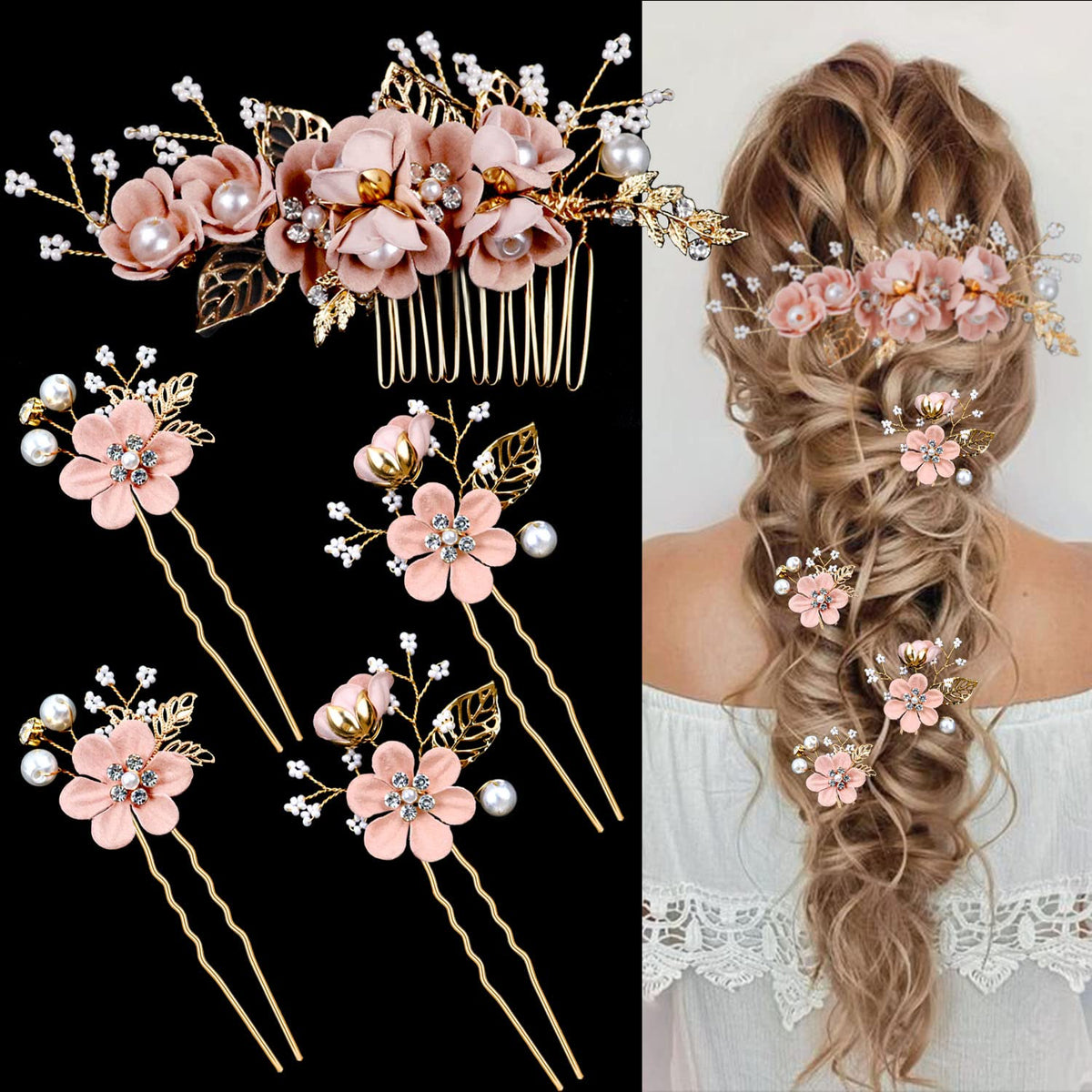 LAPOHI front view of five-piece pink bridal hair set showing floral design and shimmer benefits