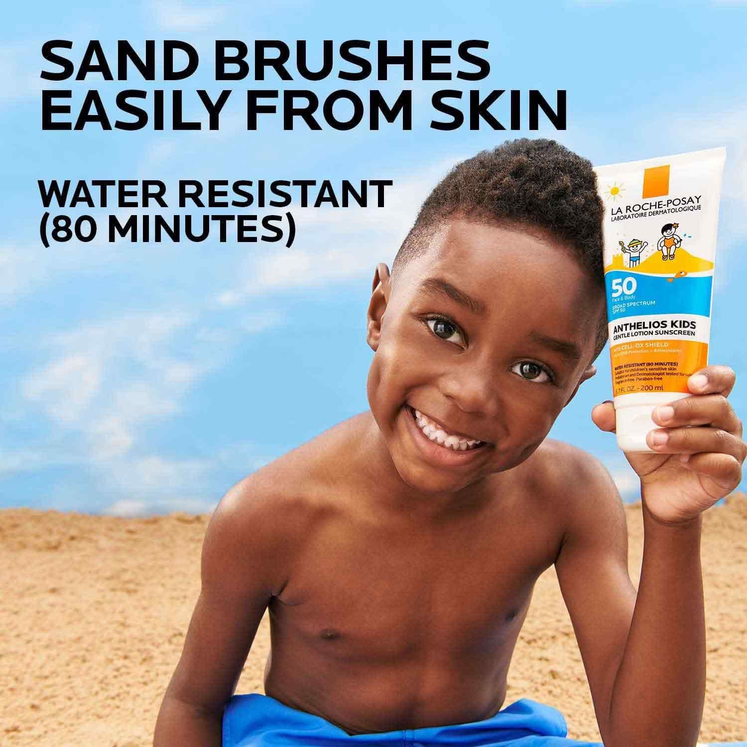 La Roche-Posay water droplets on skin demonstrating 80 minute water resistance