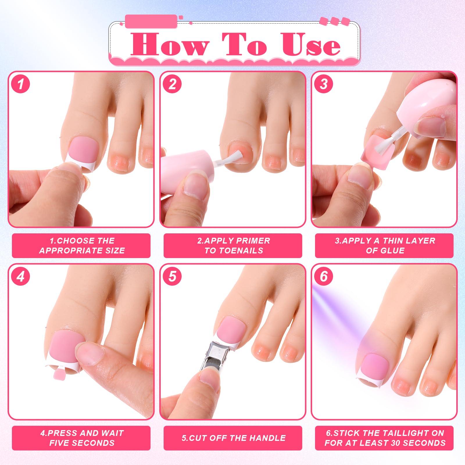 Larrel press-on toenails applied on toes demonstrating instant neat pedicure
