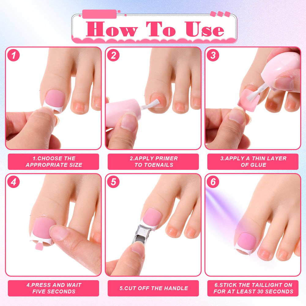 Larrel press-on toenails applied on toes demonstrating instant neat pedicure