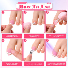 Larrel press-on toenails applied on toes demonstrating instant neat pedicure