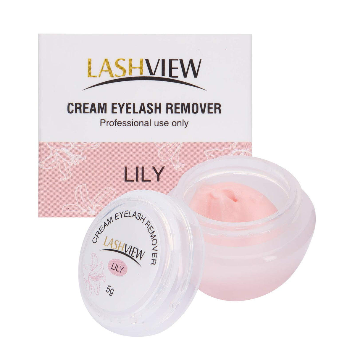 LASHVIEW front packaging showing compact 5g professional remover and Lily scent benefit