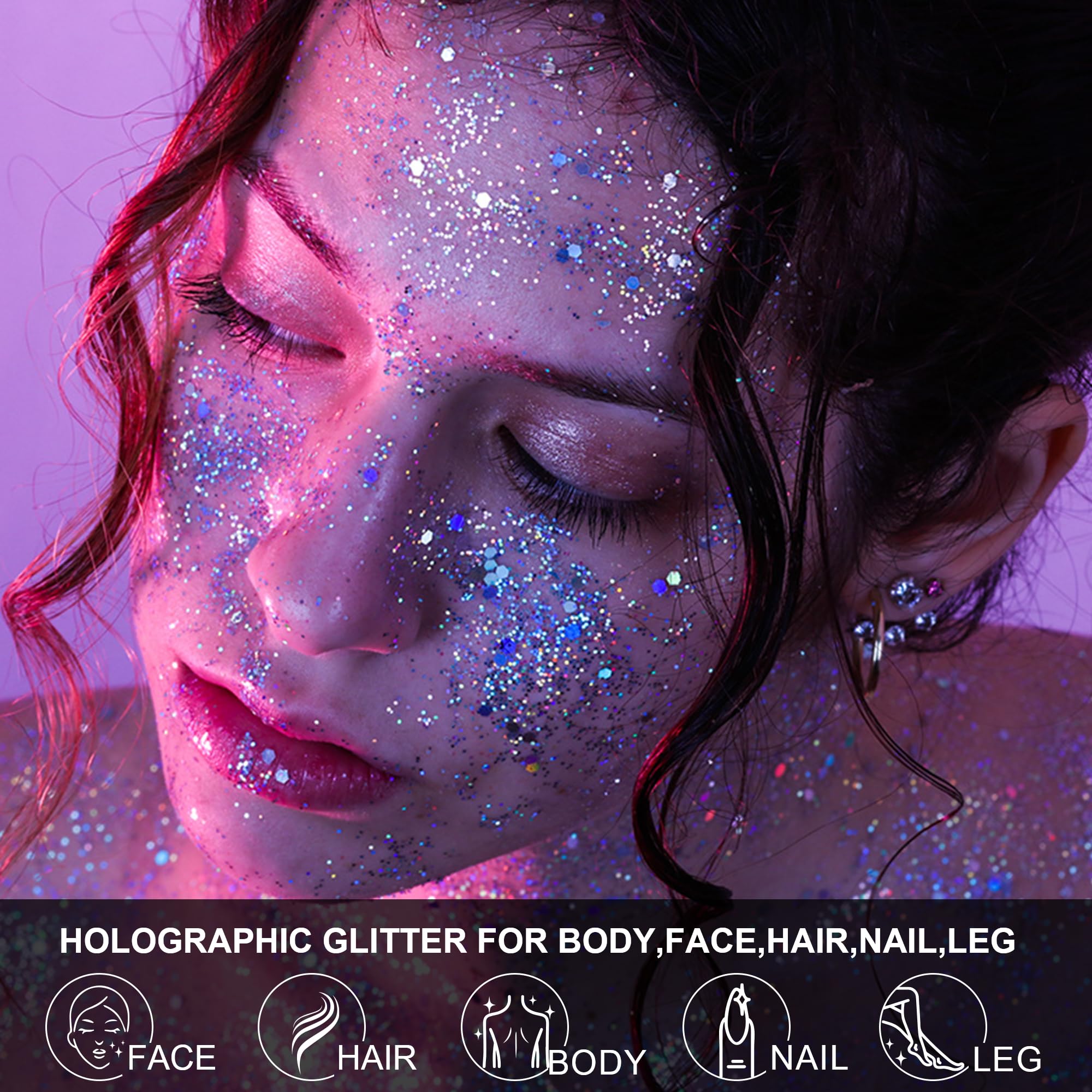 LATIBELL glitter applied to cheekbone creating luminous festival glow that enhances makeup