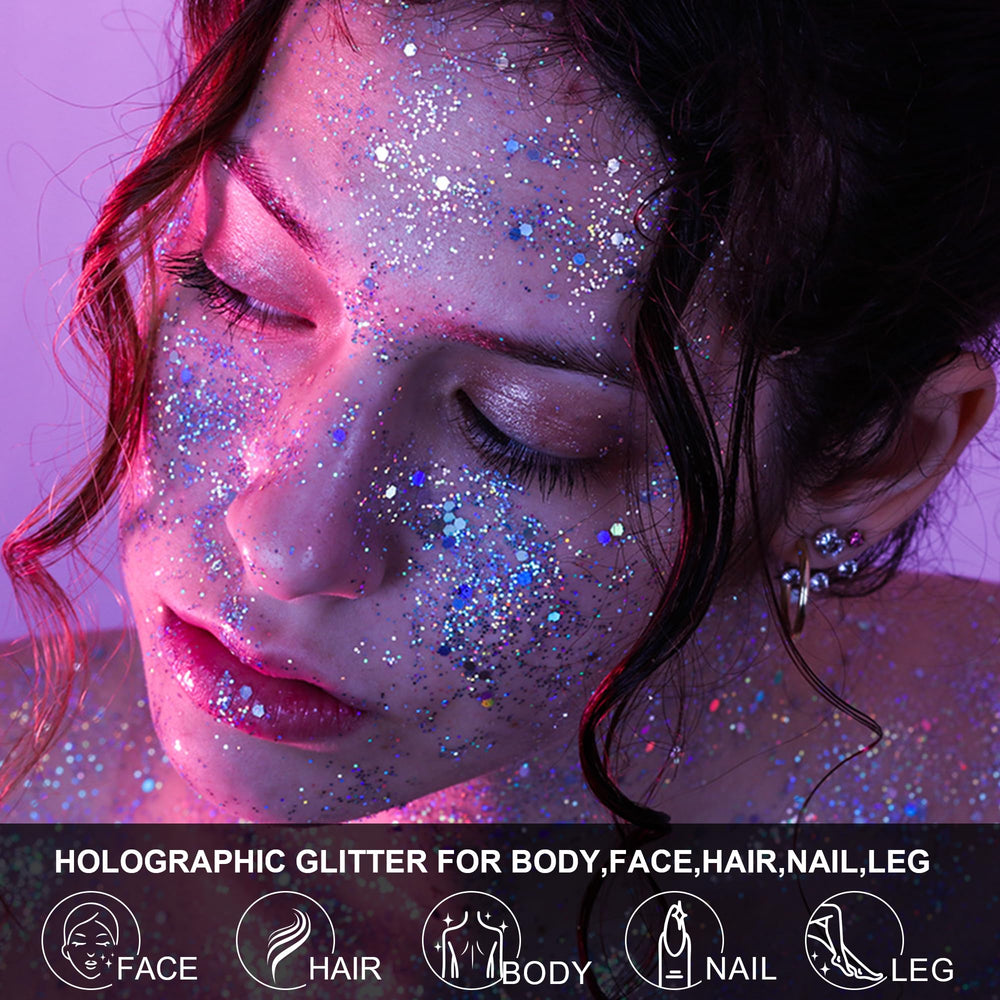 LATIBELL glitter applied to cheekbone creating luminous festival glow that enhances makeup