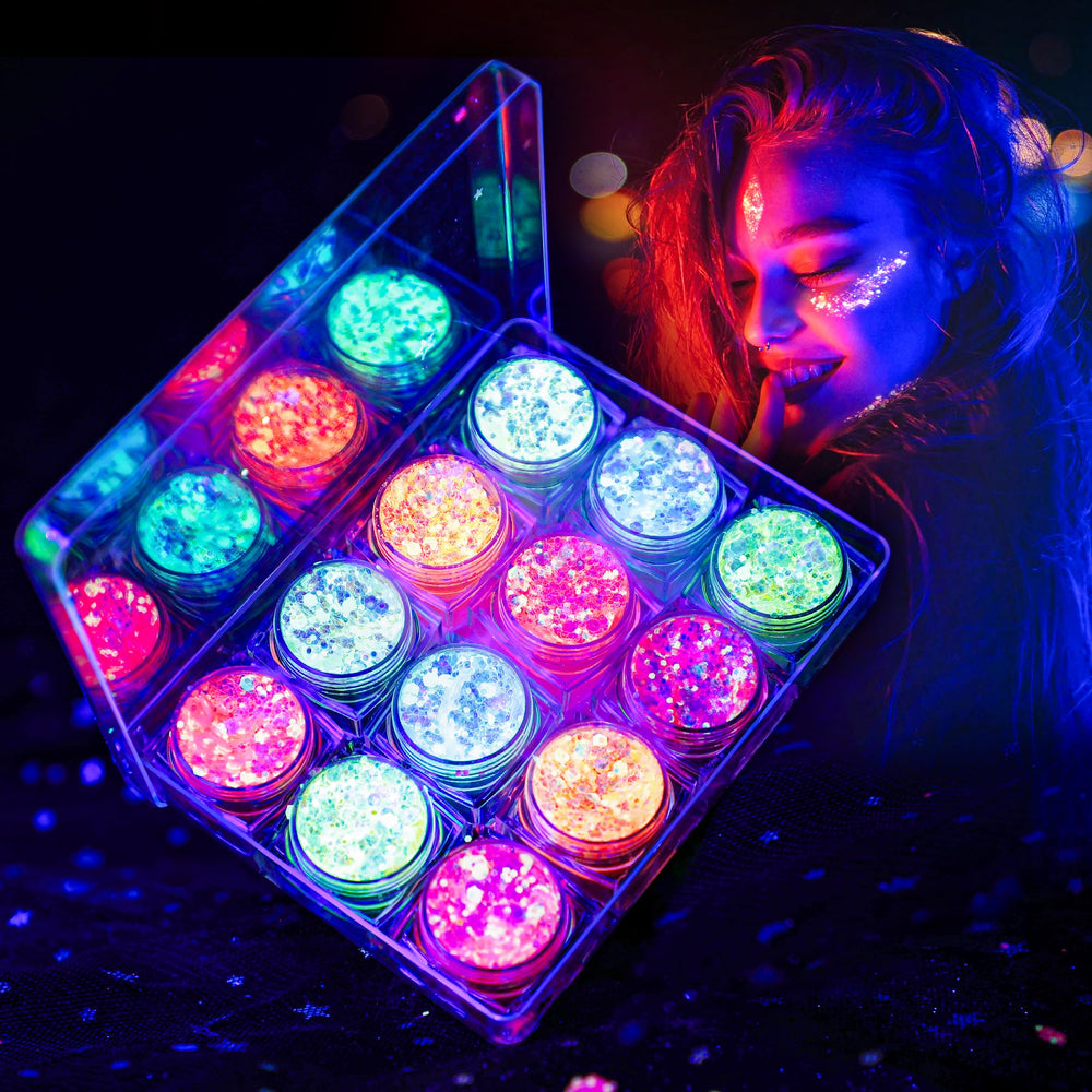 LATIBELL front packaging showing 12 glitter gel jars and colorful display benefits party-ready kit
