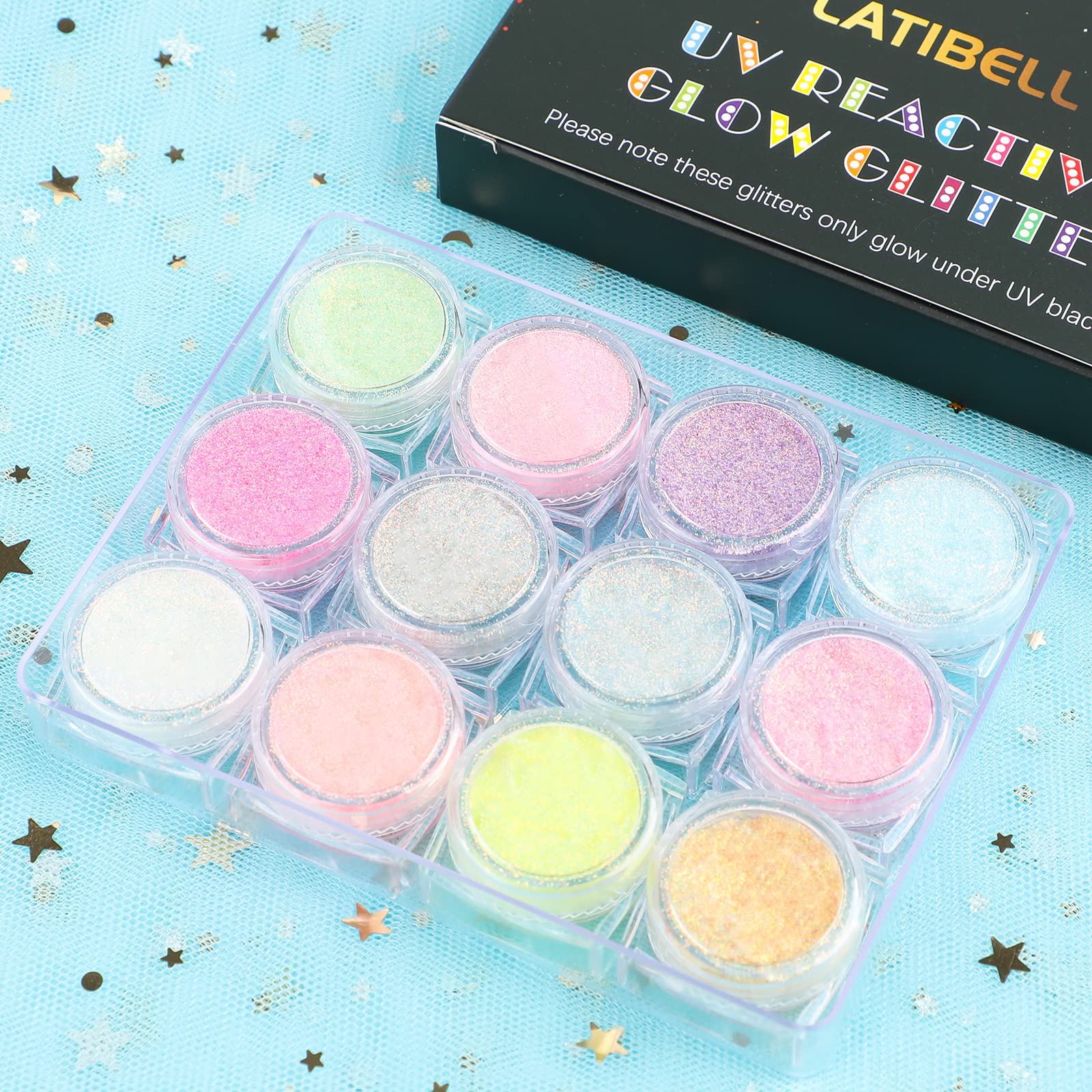 LATIBELL open jar label and gel showing premixed glitter glue benefit