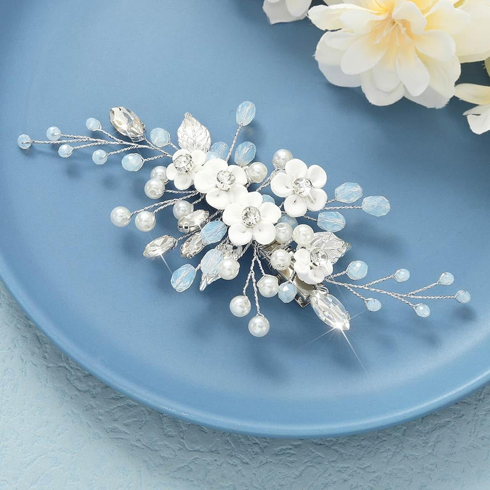 Latious front view of silver floral barrette showing full design and sparkle benefit