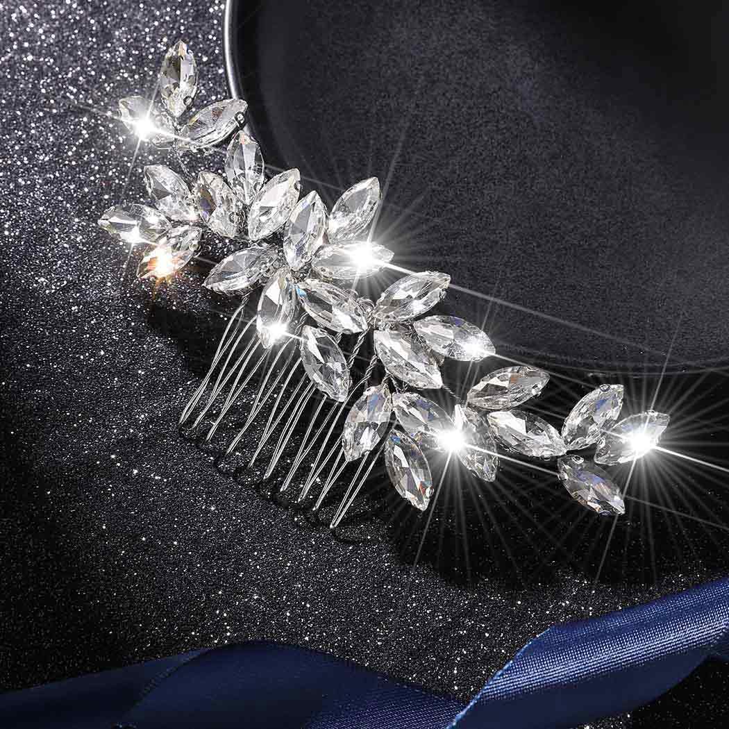 Latious silver comb front view showing polished rhinestones and elegant shape for bridal use