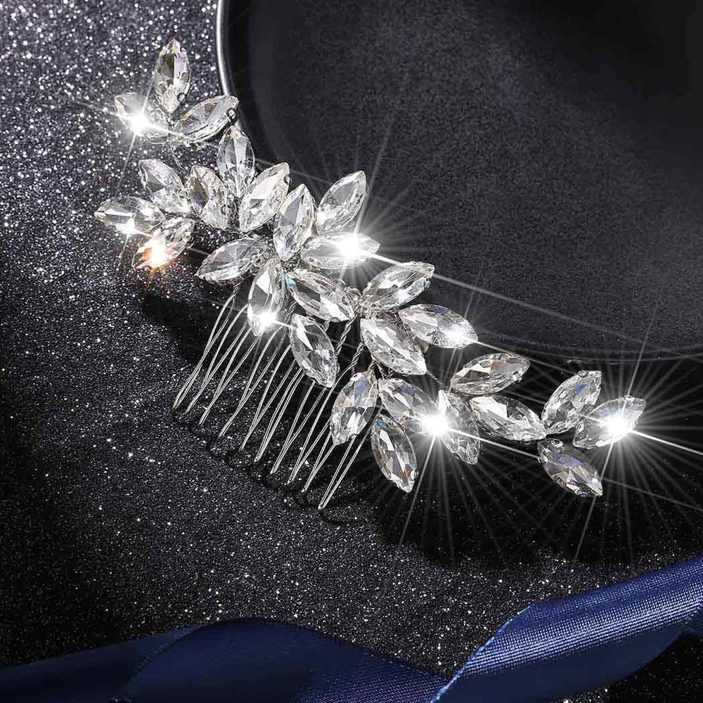 Latious silver comb front view showing polished rhinestones and elegant shape for bridal use