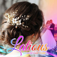 Latious comb held by bride in dress conveying finished look and photo-ready sparkle
