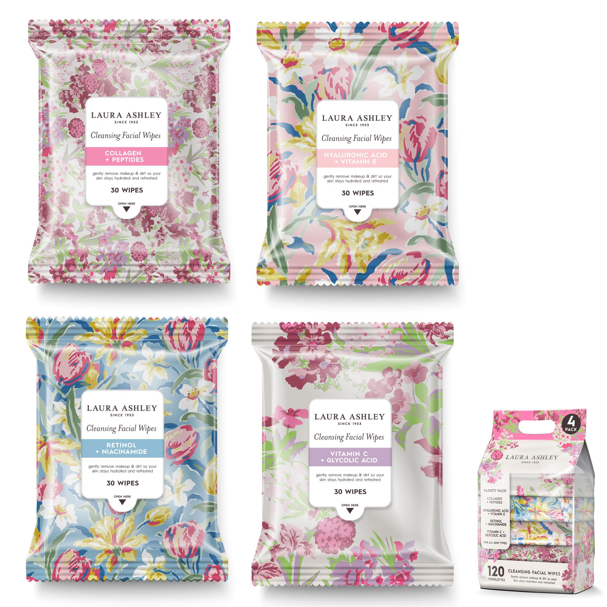 Laura Ashley front packaging showing four distinct wipe packs for tailored cleansing
