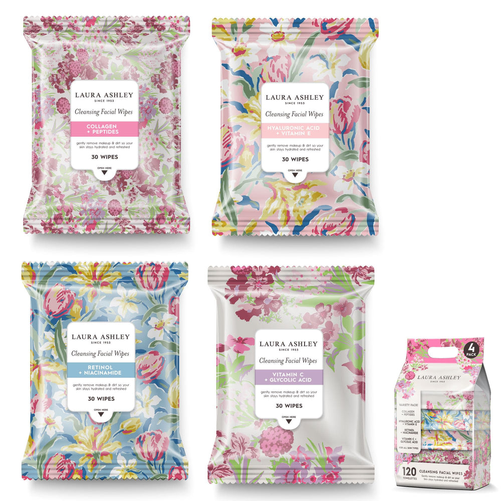Laura Ashley front packaging showing four distinct wipe packs for tailored cleansing