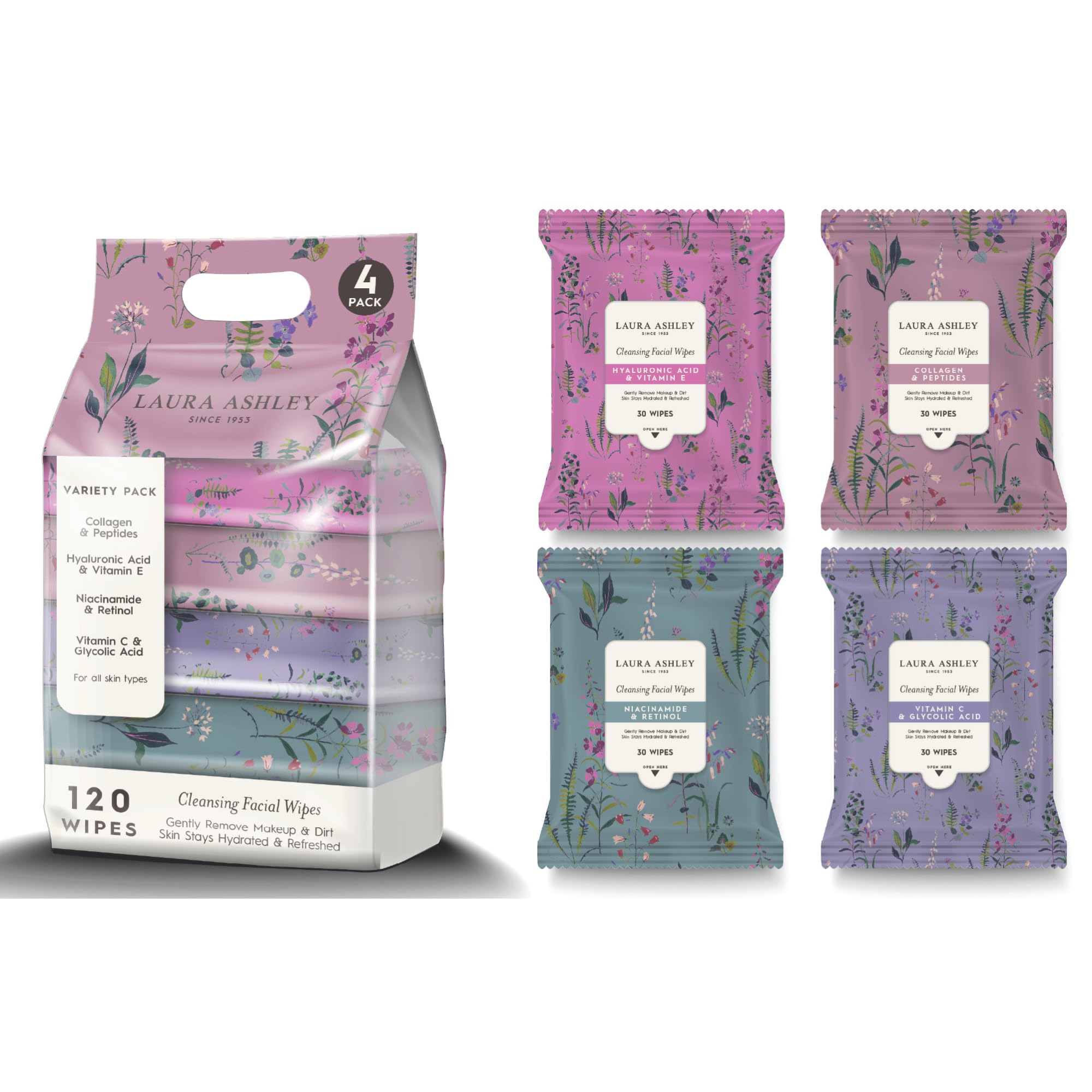 Laura Ashley front packaging showing four 30-count packs for convenience