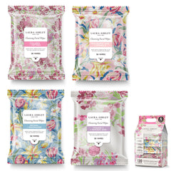 Laura Ashley front packaging showing four distinct wipe packs for tailored cleansing