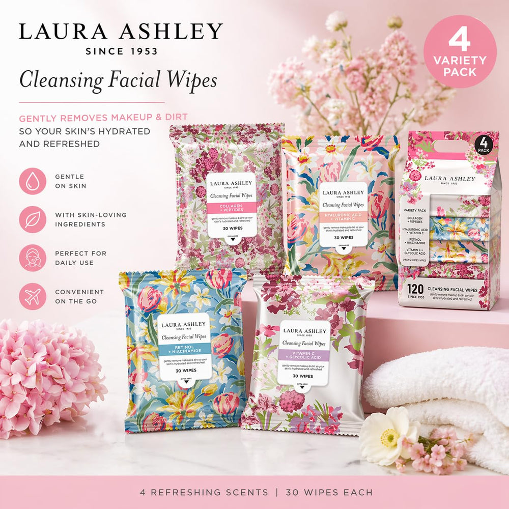 Laura Ashley travel pouch with wipes suggesting convenient skincare while traveling
