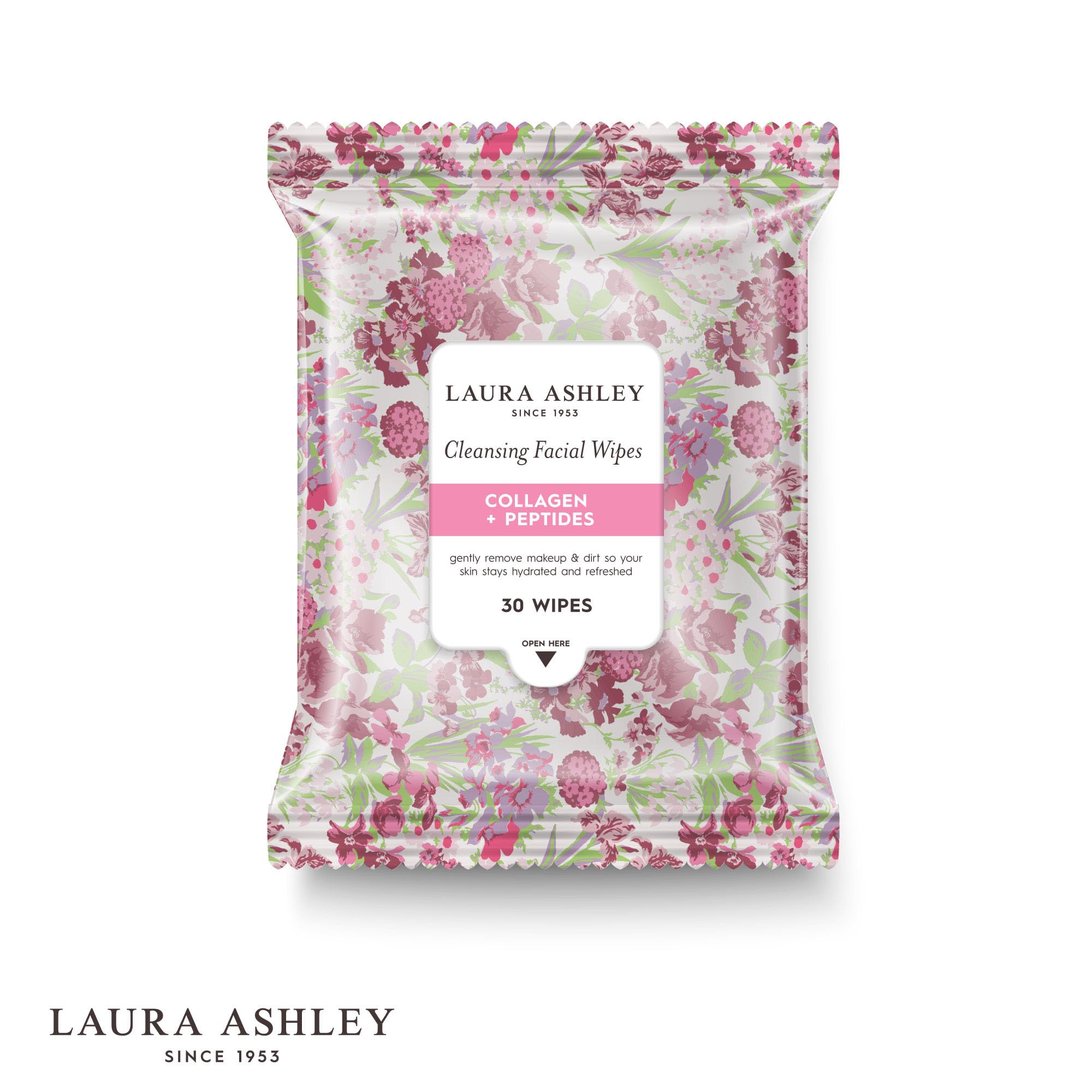 Laura Ashley wipes arranged on bath counter conveying quick home skincare use