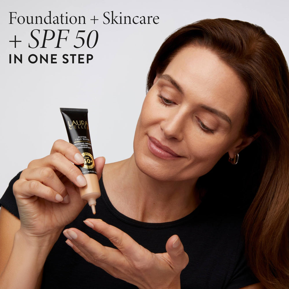 LAURA GELLER NEW YORK fingers blending foundation on cheek for natural blended look