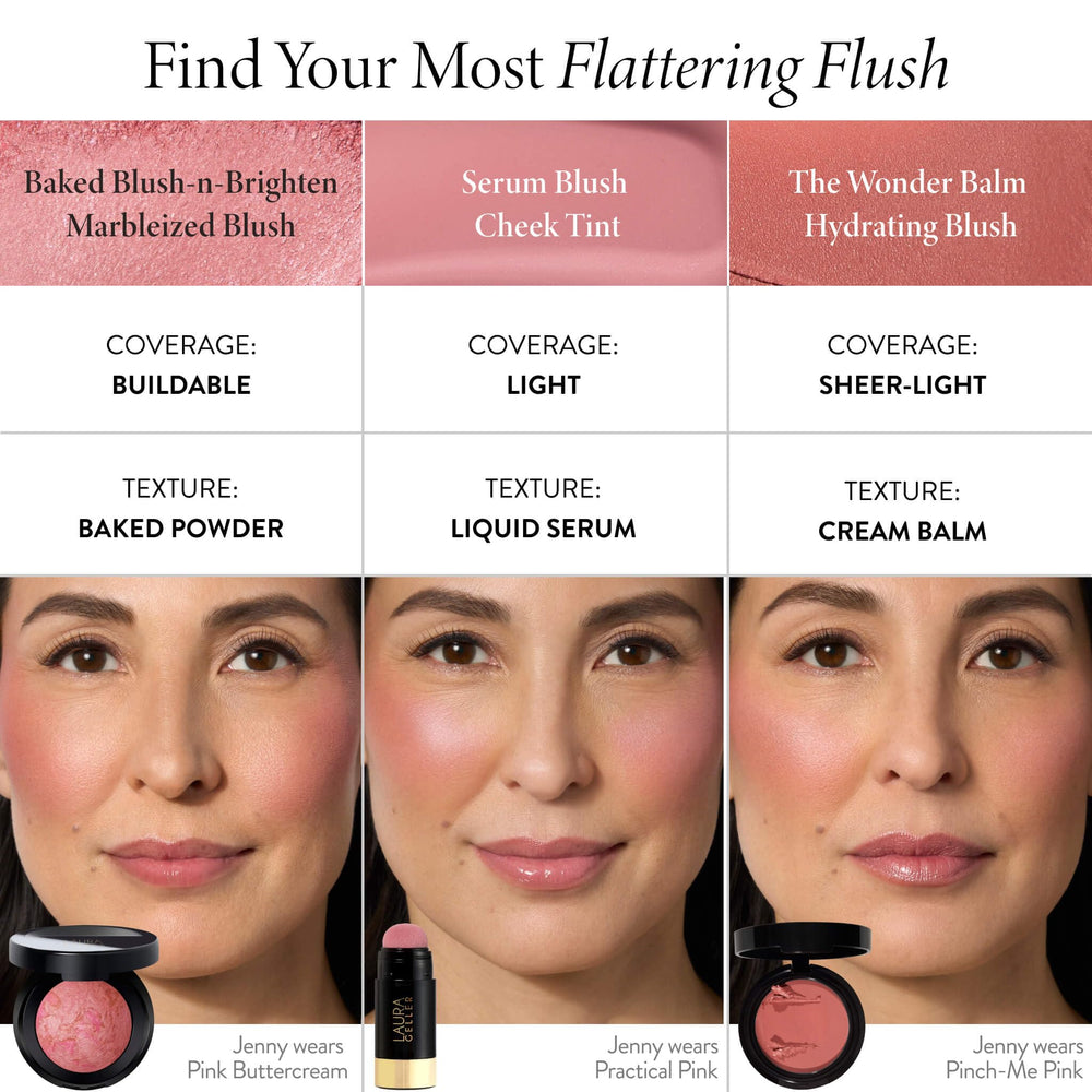 LAURA GELLER woman applying blush in mirror for instant lifted appearance