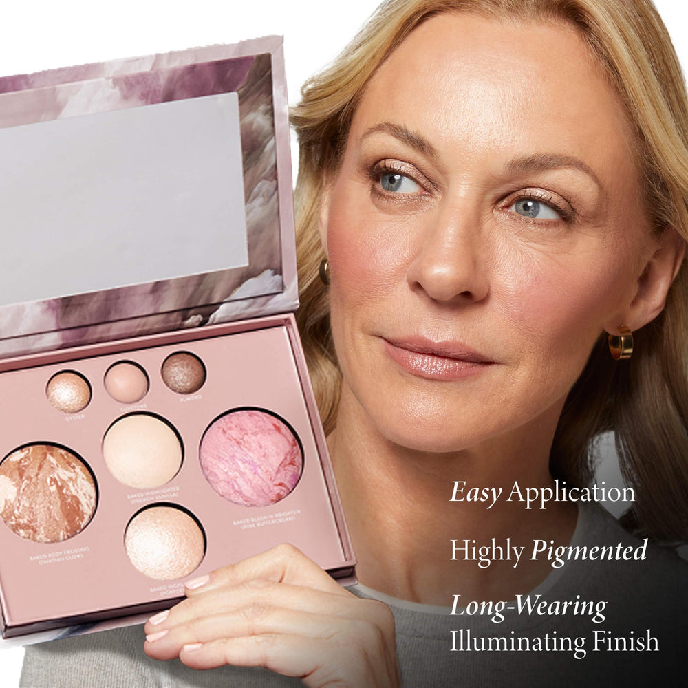 LAURA GELLER compact in travel bag lifestyle shot showing portability and on-the-go convenience