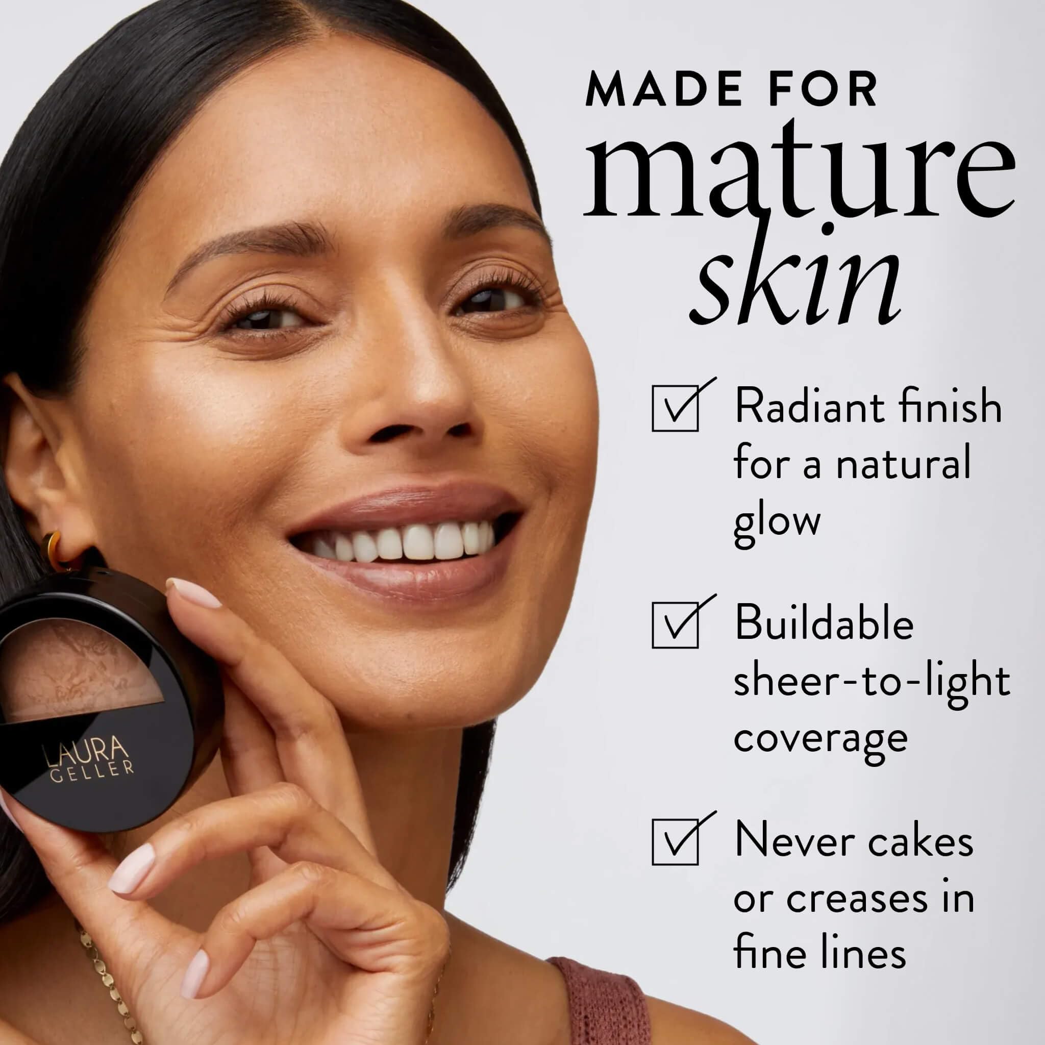 LAURA GELLER open compact with brush demonstrating quick application advantage