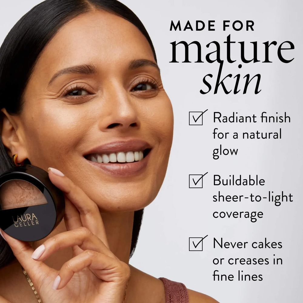LAURA GELLER open compact with brush demonstrating quick application advantage