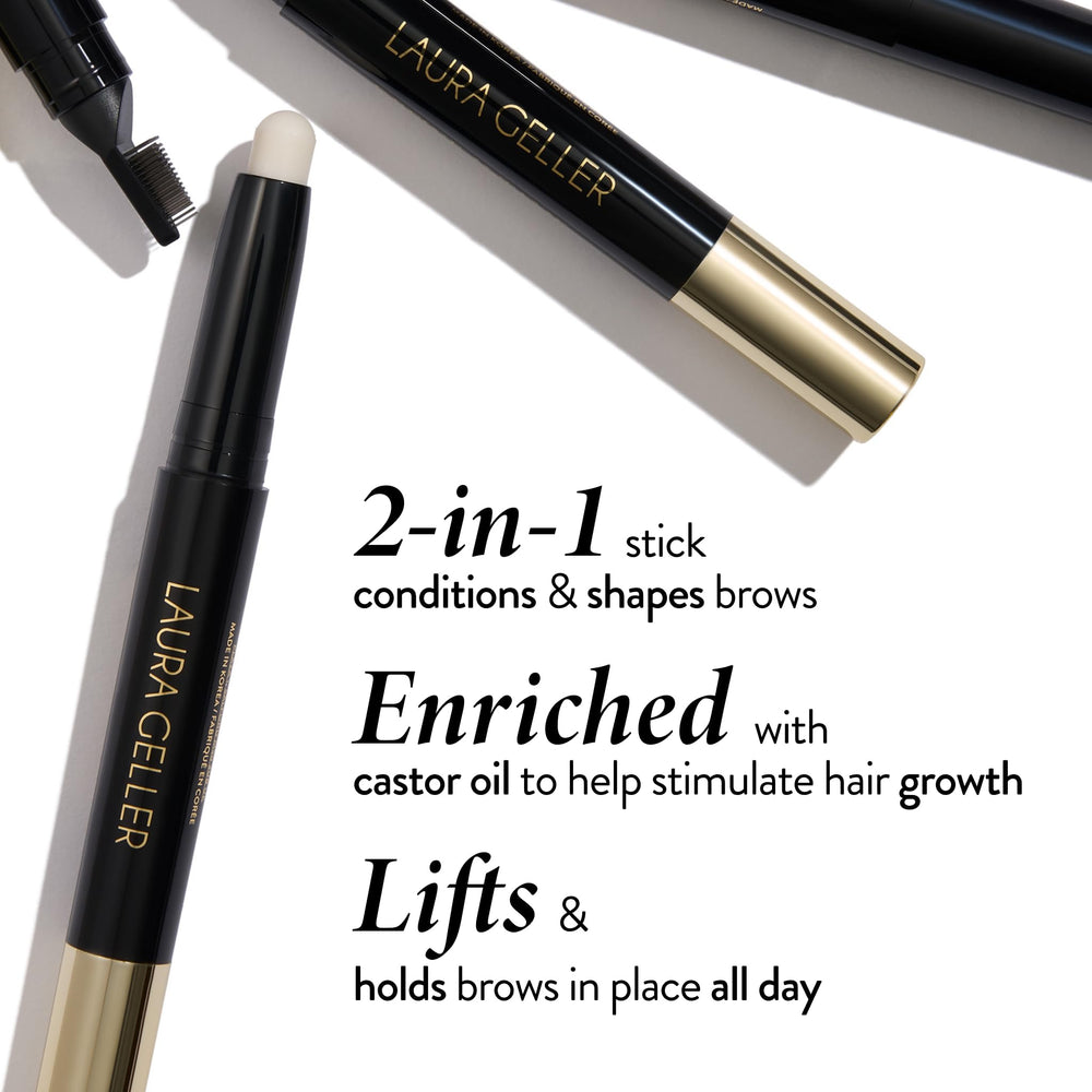 LAURA GELLER dual-ended wax and brush displayed to show functional grooming tool