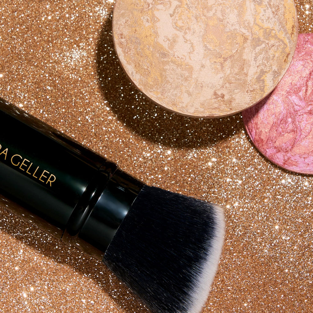 LAURA GELLER powder foundation swatch on medium skin for natural coverage benefit