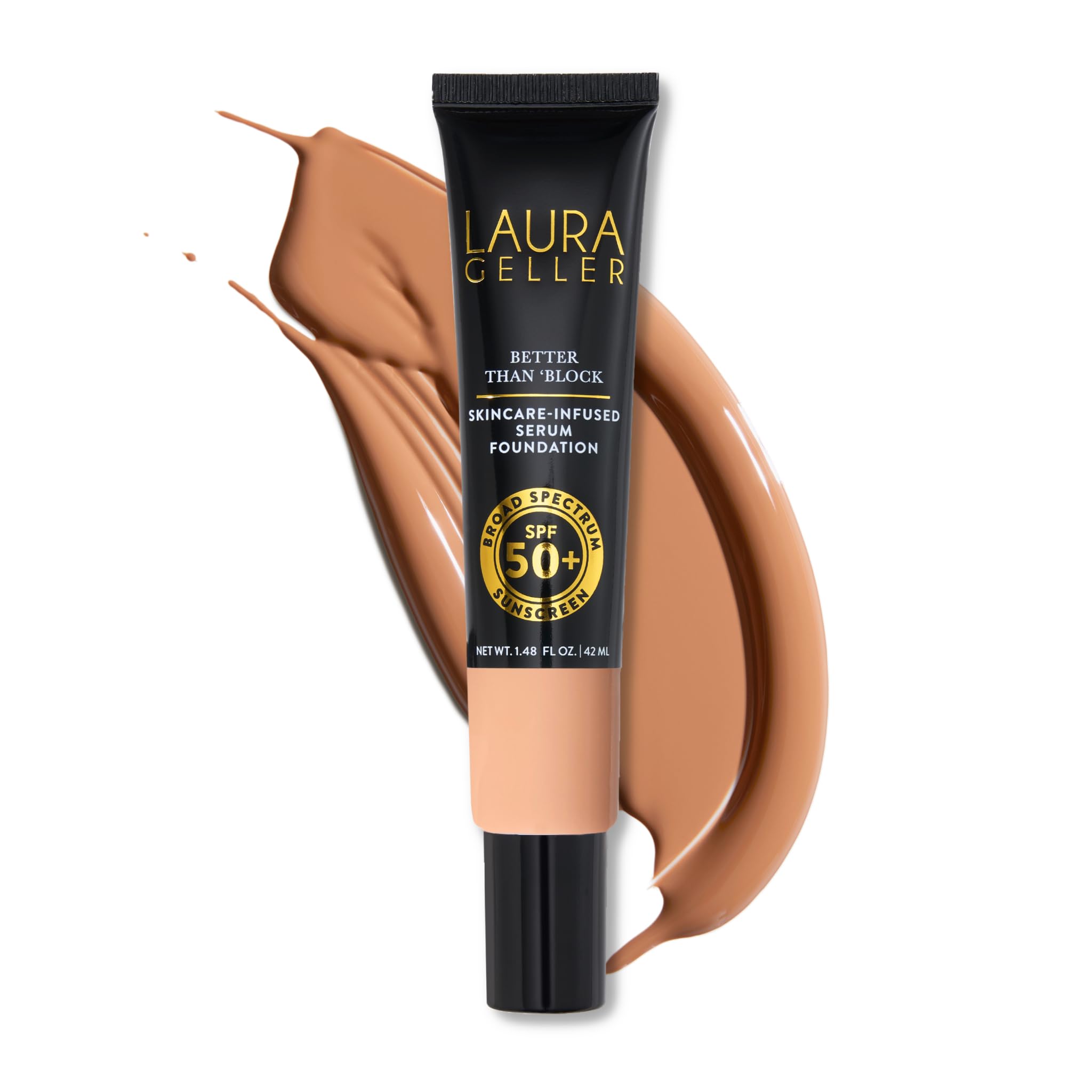 LAURA GELLER NEW YORK front view of foundation bottle showing shade 04 Golden and SPF benefit