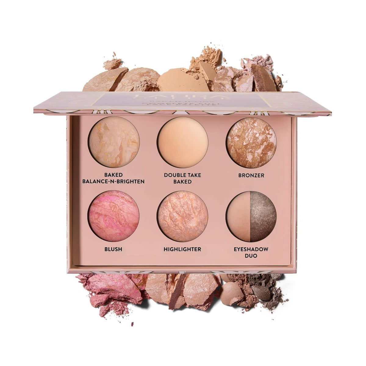 LAURA GELLER full palette flatlay showing all pans and benefits