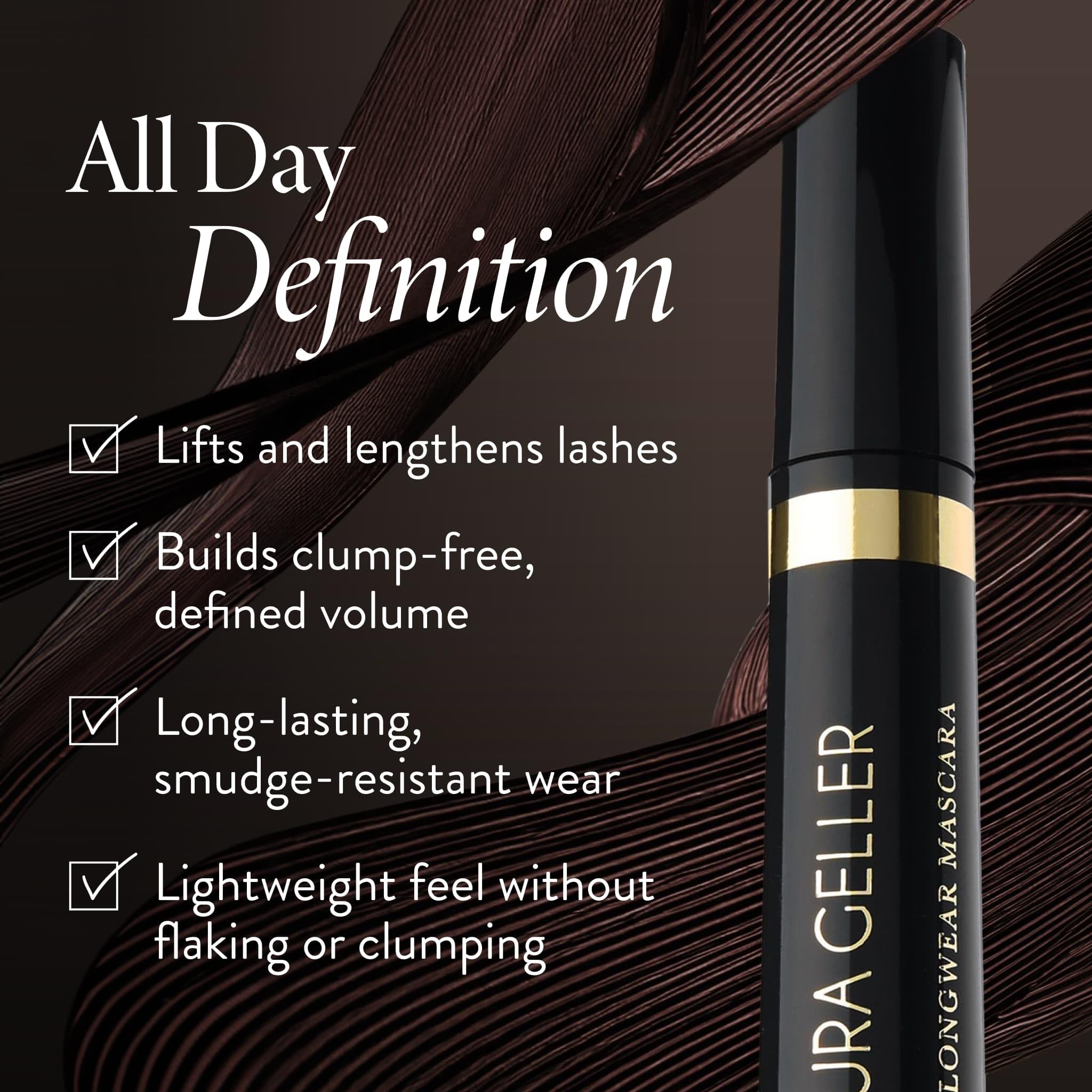 LAURA GELLER NEW YORK brown mascara wand detail highlighting smooth, buildable formula