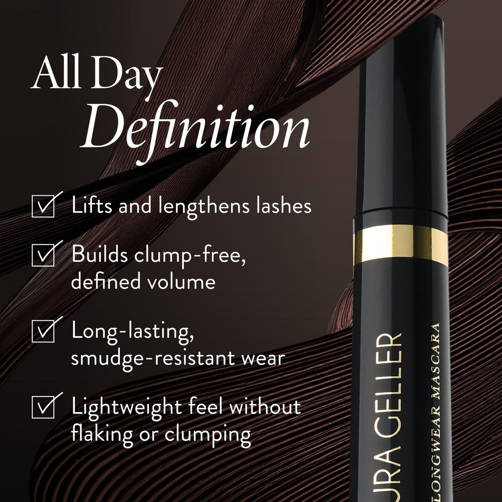 LAURA GELLER NEW YORK brown mascara wand detail highlighting smooth, buildable formula