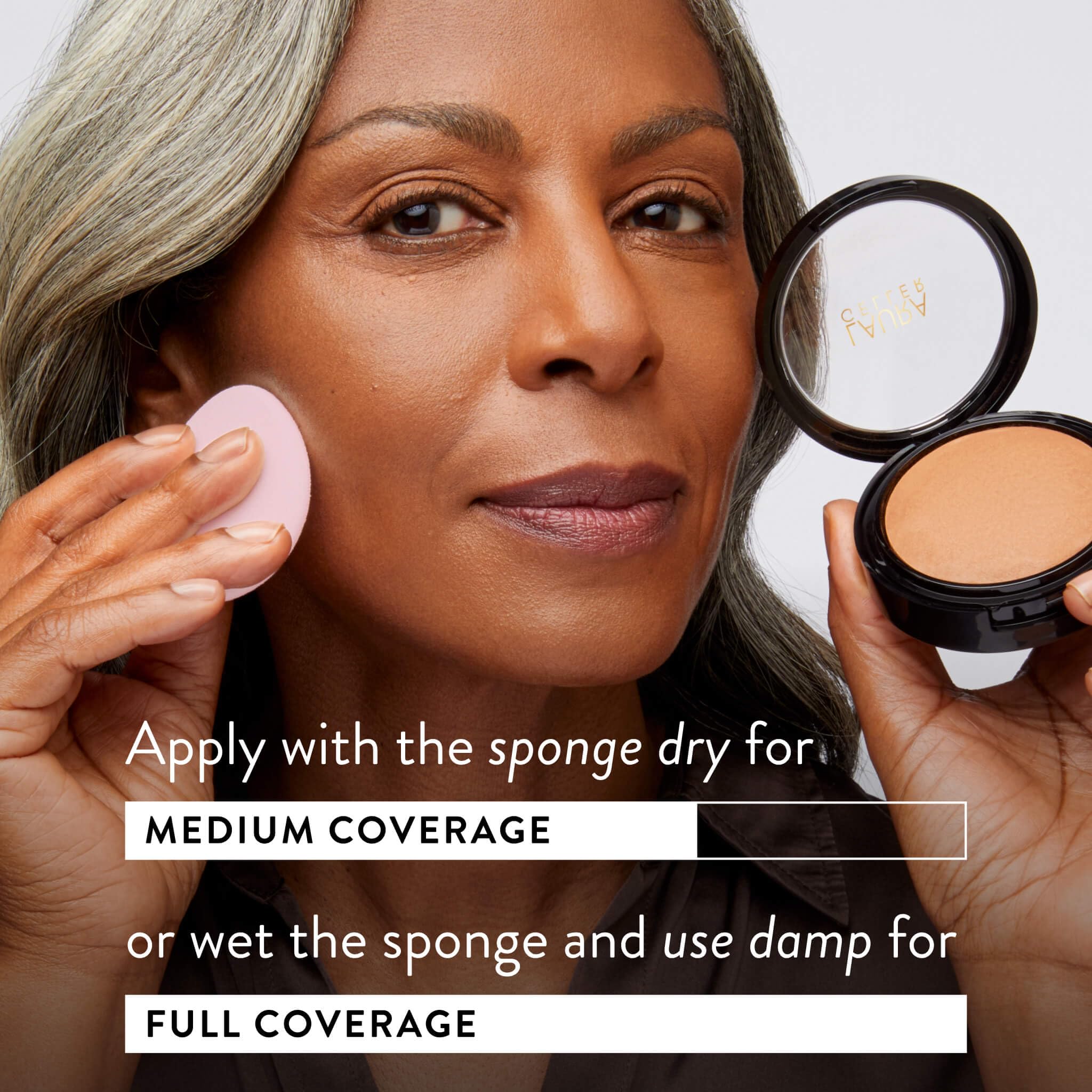 LAURA GELLER NEW YORK compact in hand to show compact size benefit