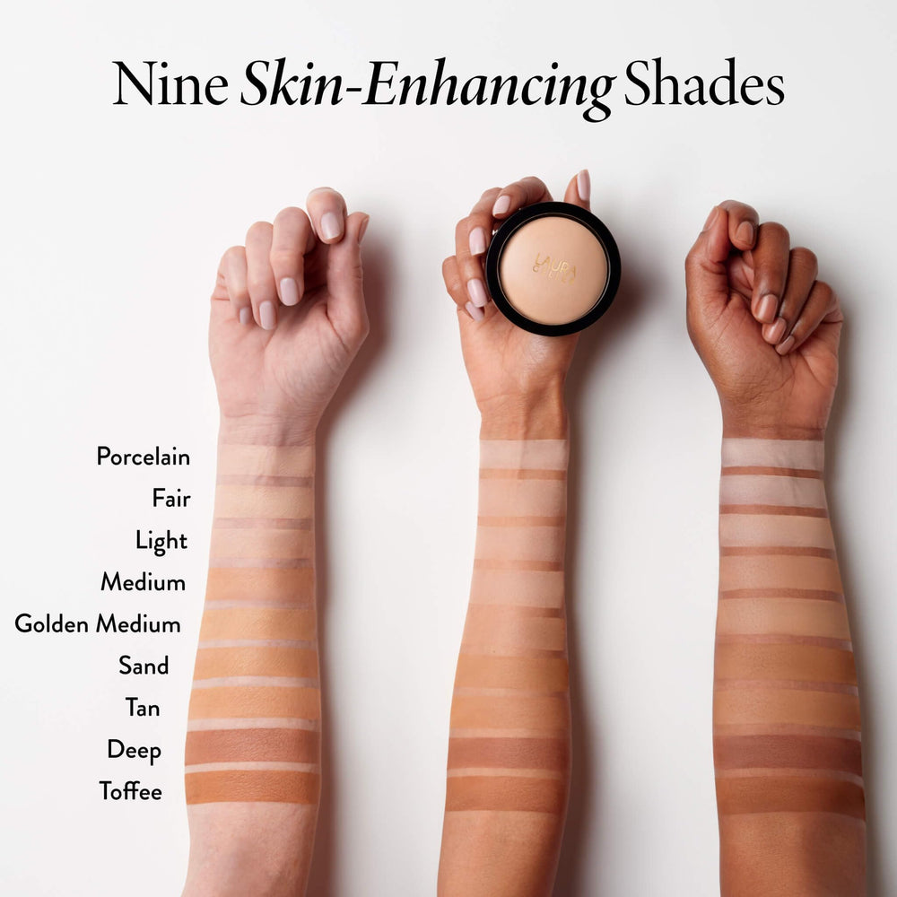 LAURA GELLER NEW YORK swatch across forearm showing buildable medium to full coverage